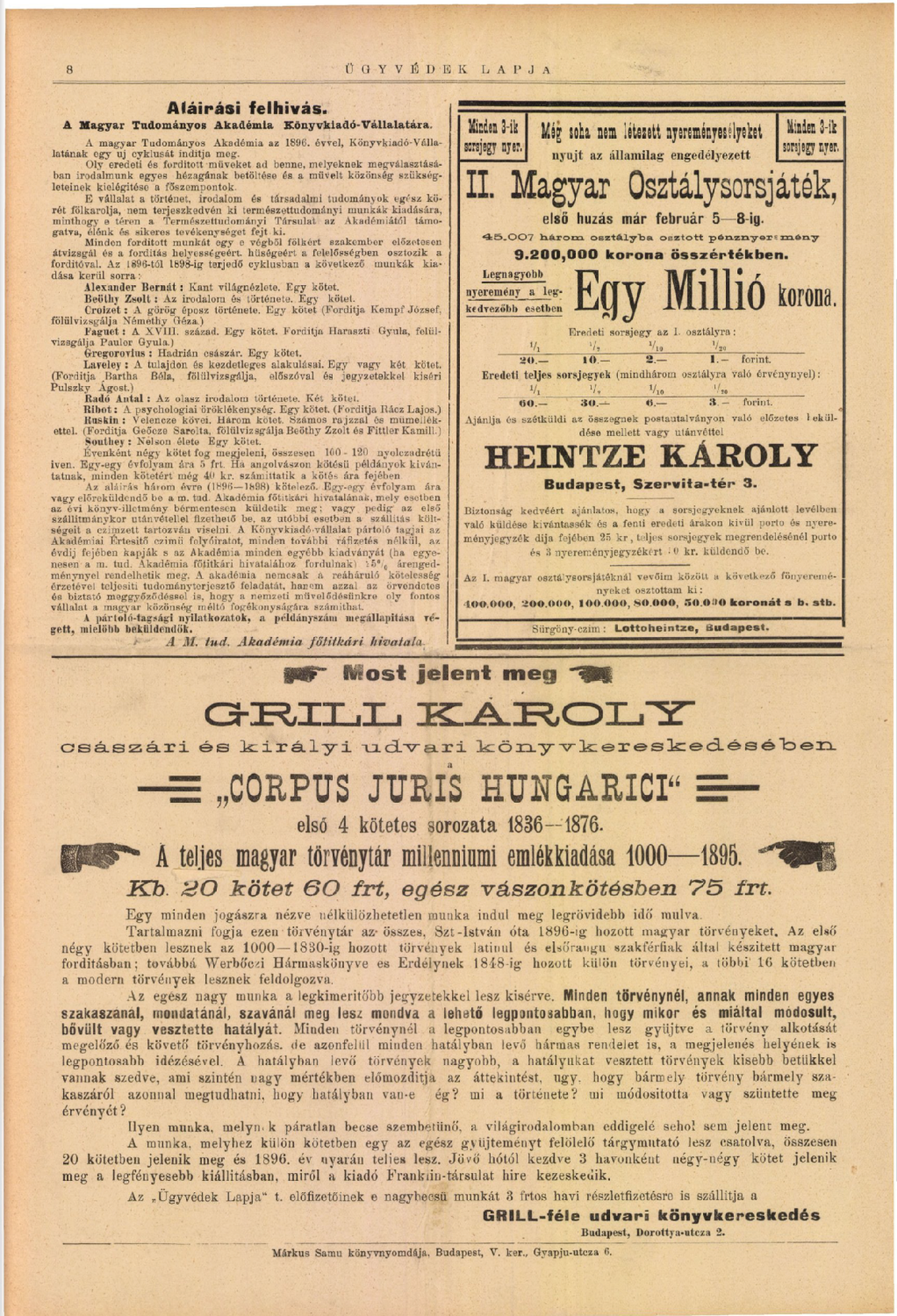 Kép 2. Kiadói hirdetés az Ügyvédek Lapjában (1896. 2. szám). Forrás: OGYK: A4/2044:1896