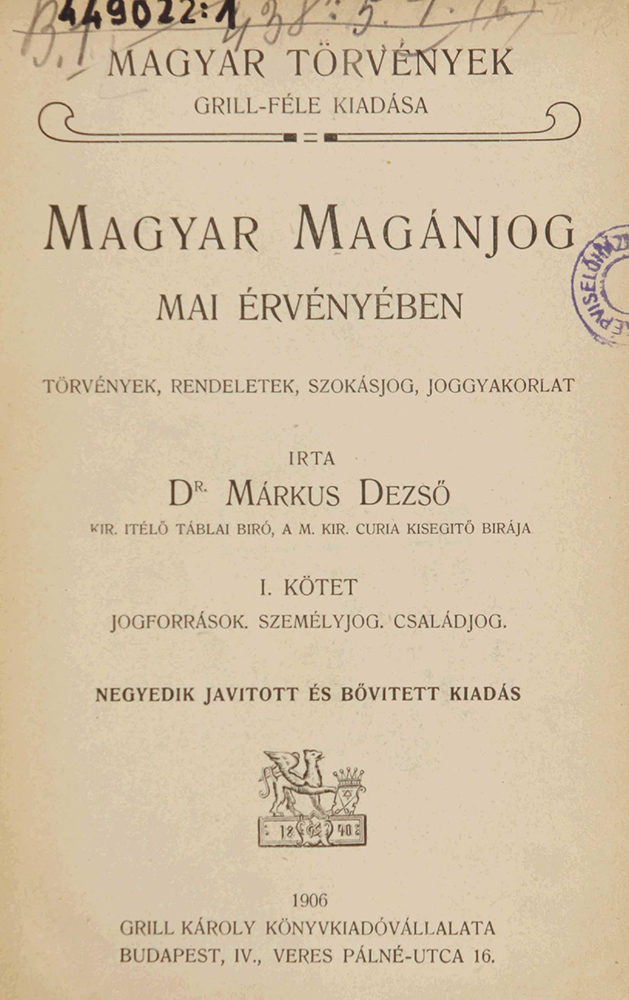 Kép 6. A Magyar törvények Grill-féle kiadása sorozat egyik legjelentősebb és legtöbb kiadást megért darabja A magyar magánjog mai érvényben című összeállítás. Forrás: OGYK: 449.022: 1-3