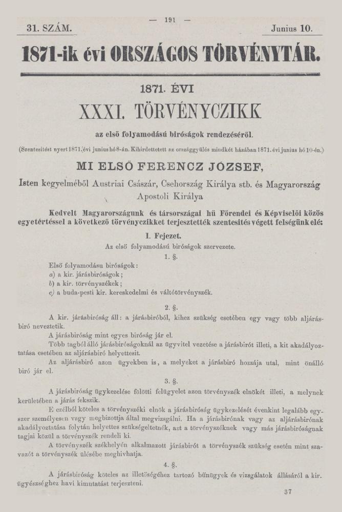 Az 1871. évi XXXI. törvénycikk az Országos Törvénytárban
